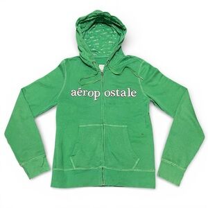 Vintage Aeropostale Logo Fleece Full Zip Hoodie Green Y2K Casual Grunge Layer